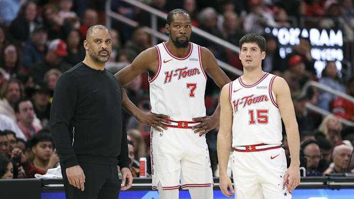 Jan 31, 2026; Houston, Texas, USA; Houston Rockets head coach Ime Udoka and forward Kevin Durant (7) and guard Reed Sheppard (15) look on during a play during the first quarter against the Dallas Mavericks at Toyota Center. Mandatory Credit: Troy Taormina-Imagn Images Jan 31, 2026; Houston, Texas, USA; Houston Rockets head coach Ime Udoka and forward Kevin Durant (7) and guard Reed Sheppard (15) look on during a play during the first quarter against the Dallas Mavericks at Toyota Center. Mandatory Credit: Troy Taormina-Imagn Images