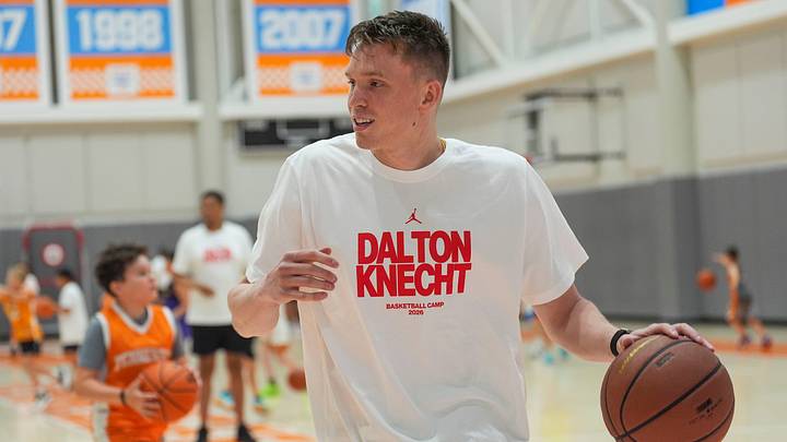 Dalton Knecht dribbles the ball during his youth basketball camp at Pratt Pavilion in Knoxville, Tenn., on June 13, 2026.