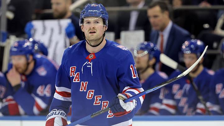 Jan 5, 2026; New York, New York, USA; New York Rangers left wing Alexis Lafreniere (13) skates against the Utah Mammoth during the second period at Madison Square Garden. Mandatory Credit: Brad Penner-Imagn Images