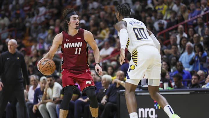 Nov 30, 2023; Miami, Florida, USA; Miami Heat guard Jaime Jaquez Jr. (11) dribbles the basketball as