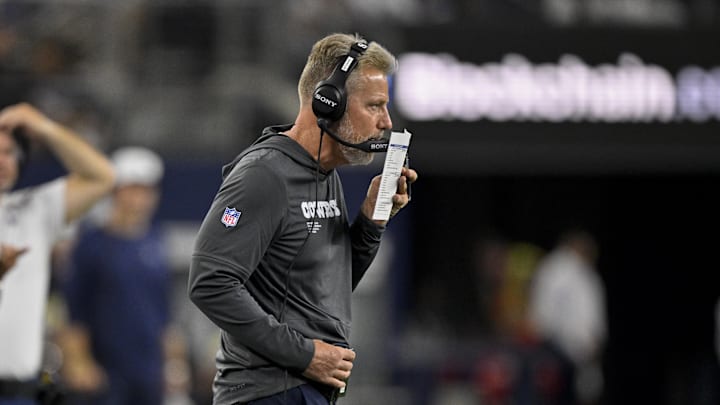 Aug 16, 2025; Arlington, Texas, USA; Dallas Cowboys defensive coordinator Matt Eberflus looks on during the game between the Dallas Cowboys and the Baltimore Ravens at AT&T Stadium. Mandatory Credit: Jerome Miron-Imagn Images