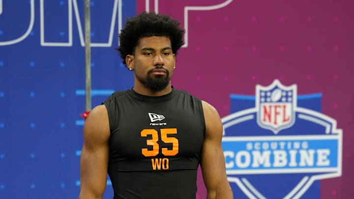 Feb 28, 2026; Indianapolis, IN, USA; Mississippi wideout De'Zhaun Stribling (WO35) during the NFL Scouting Combine at Lucas Oil Stadium. Mandatory Credit: Kirby Lee-Imagn Images