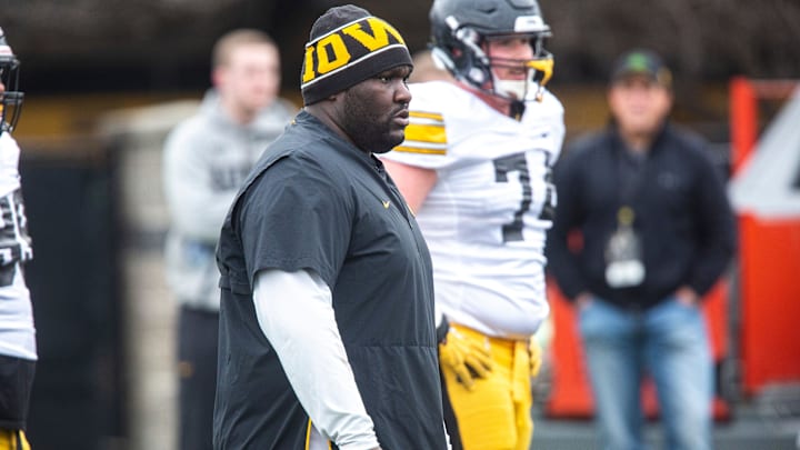 Iowa defensive line coach Kelvin Bell watches players run drills during a Hawkeye football spring practice on Thursday, April 4, 2019, at the University of Iowa outdoor practice facility in Iowa City, Iowa.

190404 Iowa Fb 038 Jpg
