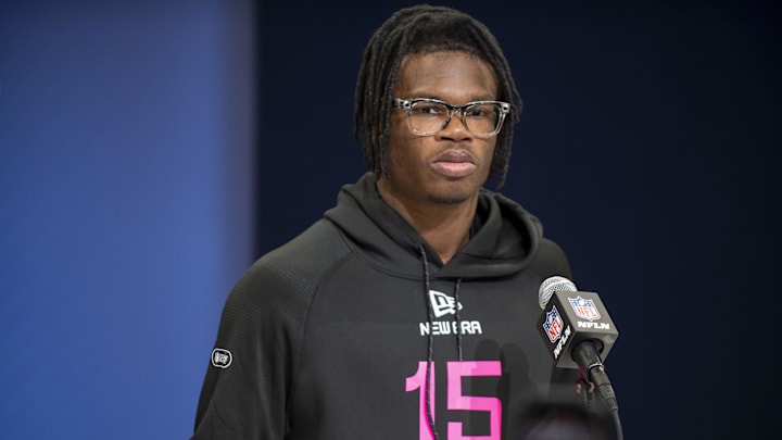 Feb 27, 2025; Indianapolis, IN, USA; Colorado defensive back Travis Hunter (DB15) during the 2025 NFL Combine at Lucas Oil Stadium. Mandatory Credit: Tanner Pearson-Imagn Images