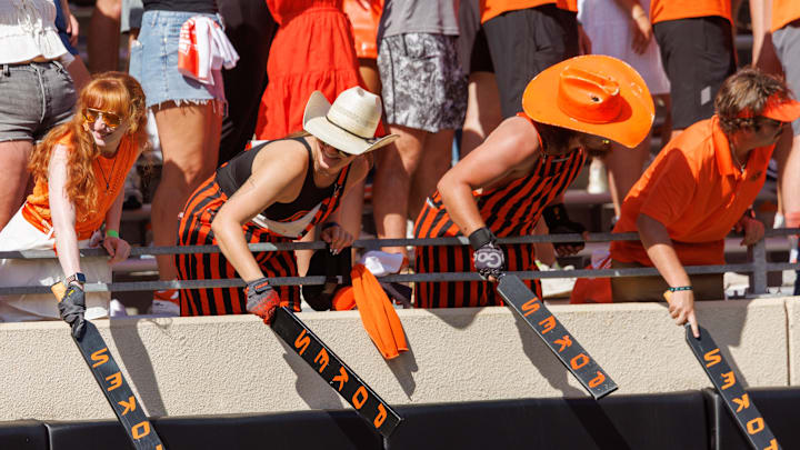Sep 27, 2025; Stillwater, Oklahoma, USA; Oklahoma State Cowboys student fans prior to the game against the Baylor Bears at Boone Pickens Stadium. Mandatory Credit: William Purnell-Imagn Images Sep 27, 2025; Stillwater, Oklahoma, USA; Oklahoma State Cowboys student fans prior to the game against the Baylor Bears at Boone Pickens Stadium. Mandatory Credit: William Purnell-Imagn Images