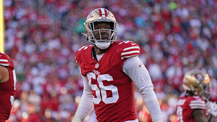 Sep 9, 2024; Santa Clara, California, USA; San Francisco 49ers defensive end Leonard Floyd (56) watches the video replay in the second quarter against the New York Jets at Levi's Stadium. Mandatory Credit: David Gonzales-Imagn Images