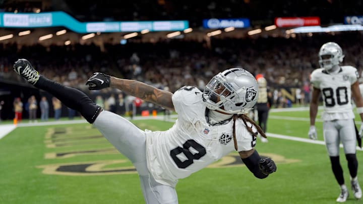 Dec 29, 2024; New Orleans, Louisiana, USA; Las Vegas Raiders running back Ameer Abdullah (8) celebrates a touchdown that was later ruled one yard short against the Las Vegas Raiders during the first half at Caesars Superdome. The Raiders eventually scored a field goal during the drive. Mandatory Credit: Matthew Hinton-Imagn Images Dec 29, 2024; New Orleans, Louisiana, USA; Las Vegas Raiders running back Ameer Abdullah (8) celebrates a touchdown that was later ruled one yard short against the Las Vegas Raiders during the first half at Caesars Superdome. The Raiders eventually scored a field goal during the drive. Mandatory Credit: Matthew Hinton-Imagn Images