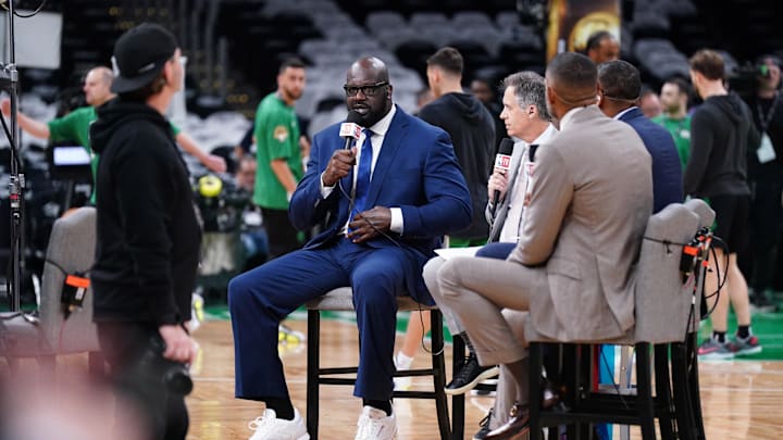 Jun 9, 2024; Boston, Massachusetts, USA; Shaquille O'Neal speaks on a broadcast before game two between the Boston Celtics and the Dallas Mavericks in the 2024 NBA Finals at TD Garden. Mandatory Credit: David Butler II-Imagn Images