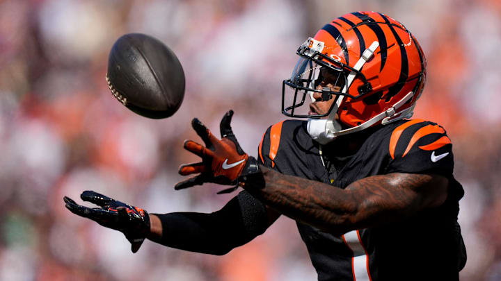 Cincinnati Bengals wide receiver Ja'Marr Chase (1) catches a deep pass for a touchdown in the second quarter of the NFL Week 5 game between the Cincinnati Bengals and Baltimore Ravens at Paycor Stadium in downtown Cincinnati on Sunday, Oct. 6, 2024. The Bengals led 17-14 at halftime. Cincinnati Bengals wide receiver Ja'Marr Chase (1) catches a deep pass for a touchdown in the second quarter of the NFL Week 5 game between the Cincinnati Bengals and Baltimore Ravens at Paycor Stadium in downtown Cincinnati on Sunday, Oct. 6, 2024. The Bengals led 17-14 at halftime.