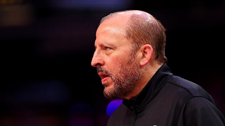 New York Knicks head coach Tom Thibodeau looks on before the game against the Phoenix Suns. Mandatory Credit: Mark J. Rebilas-Imagn Images