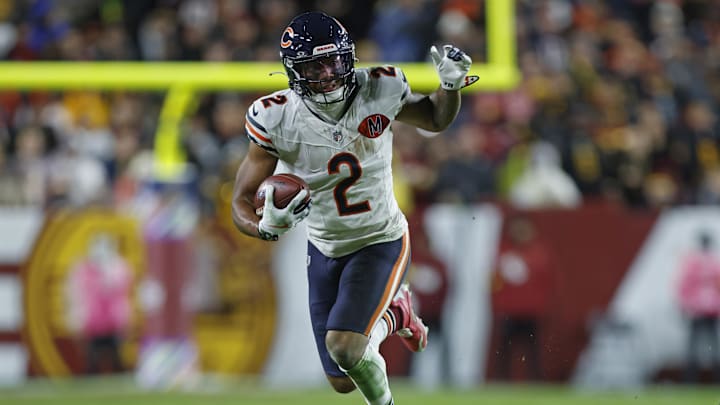 Oct 13, 2025; Landover, Maryland, USA; Chicago Bears wide receiver DJ Moore runs after a reception during the first quarter at Northwest Stadium.