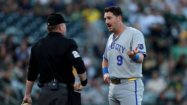 Apr 28, 2026; West Sacramento, California, USA; Kansas City Royals first baseman Vinnie Pasquantino (9) talks with home plate umpire Sean Barber (29) during the middle of the first inning in a game against the Athletics at Sutter Health Park. Mandatory Credit: Dennis Lee-Imagn Images Apr 28, 2026; West Sacramento, California, USA; Kansas City Royals first baseman Vinnie Pasquantino (9) talks with home plate umpire Sean Barber (29) during the middle of the first inning in a game against the Athletics at Sutter Health Park. Mandatory Credit: Dennis Lee-Imagn Images