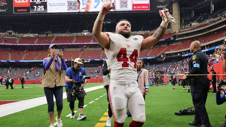 Oct 25, 2026; Houston, Texas, USA; New York Giants running back Cam Skattebo (44) reacts after defeating the Houston Texans in overtime at Reliant Stadium. Oct 25, 2026; Houston, Texas, USA; New York Giants running back Cam Skattebo (44) reacts after defeating the Houston Texans in overtime at Reliant Stadium.