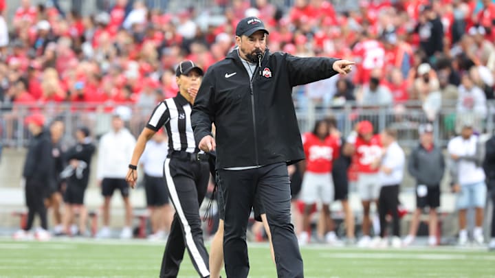Apr 18, 2026; Columbus, OH, USA;  Ohio State head coach Ryan Day coaches during the annual spring game at Ohio Stadium. Mandatory Credit: Joseph Maiorana-Imagn Images 