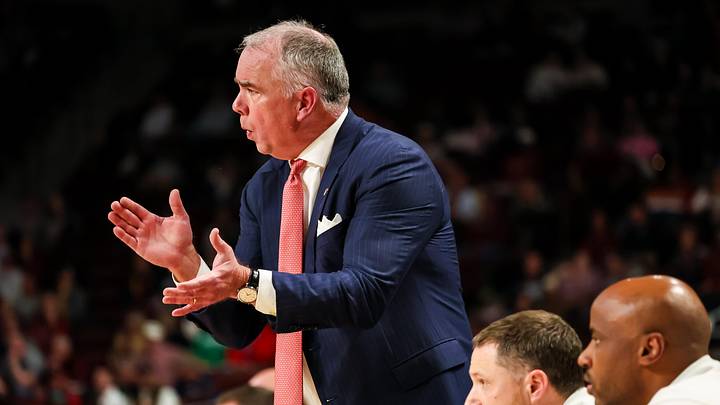 Dec 2, 2025; Columbia, South Carolina, USA; Virginia Tech Hokies head coach Mike Young directs his team against the South Carolina Gamecocks in the first half at Colonial Life Arena. Mandatory Credit: Jeff Blake-Imagn Images