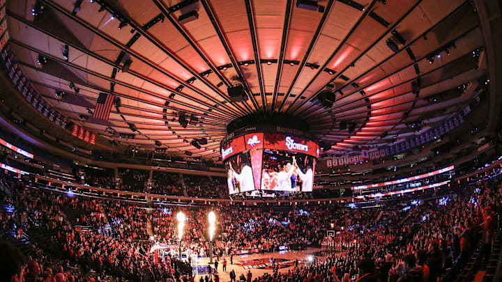 Jan 20, 2024; New York, New York, USA;  The starting lineups are introduced prior to the game between the Marquette Golden Eagles and the St. John's basketball team at Madison Square Garden
