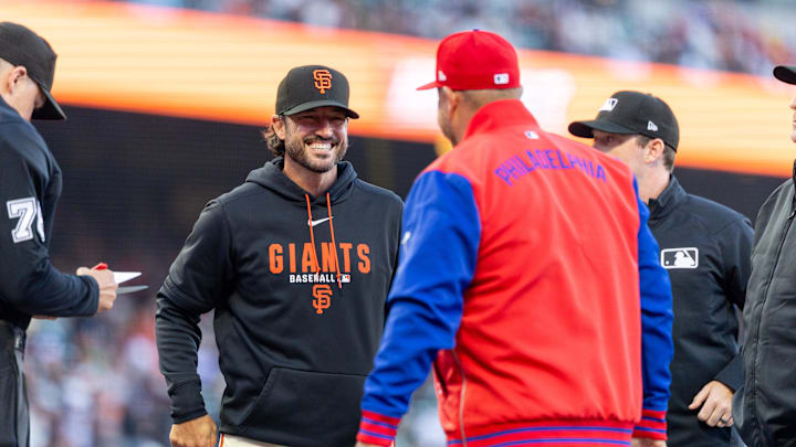 Apr 6, 2026; San Francisco, California, USA; San Francisco Giants manager Tony Vitello reacts before the game against the Philadelphia Phillies at Oracle Park. Mandatory Credit: Bob Kupbens-Imagn Images Apr 6, 2026; San Francisco, California, USA; San Francisco Giants manager Tony Vitello reacts before the game against the Philadelphia Phillies at Oracle Park. Mandatory Credit: Bob Kupbens-Imagn Images