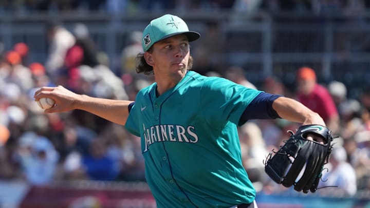 Seattle Mariners pitcher Logan Gilbert (36) throws against the San Francisco Giants in the first inning at Scottsdale Stadium. 