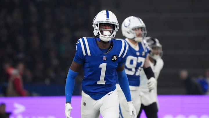 Nov 9, 2025; Berlin, Germany; Indianapolis Colts cornerback Sauce Gardner (1) reacts against the Atlanta Falcons during the NFL Berlin Game at Olympic Stadium. Mandatory Credit: Kirby Lee-Imagn Images