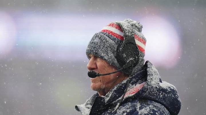 Jan 7, 2024; Foxborough, Massachusetts, USA; New England Patriots head coach Bill Belichick watches