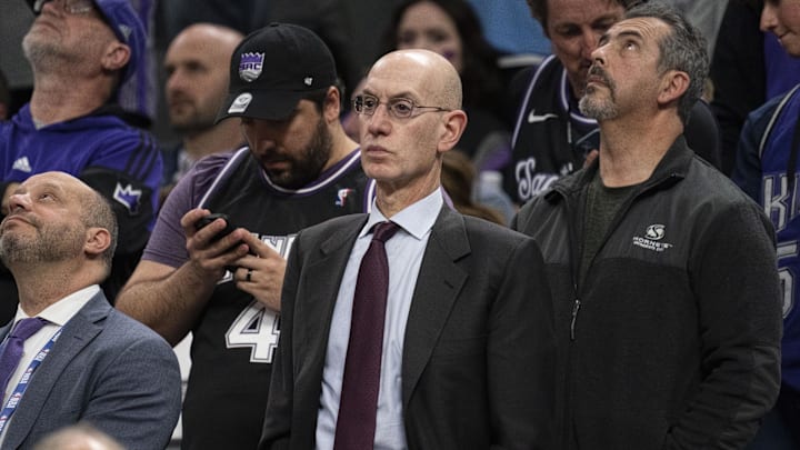 April 17, 2023; Sacramento, California, USA; NBA commissioner Adam Silver during the fourth quarter in game two of the first round of the 2023 NBA playoffs between the Sacramento Kings and the Golden State Warriors at Golden 1 Center. Mandatory Credit: Kyle Terada-Imagn Images