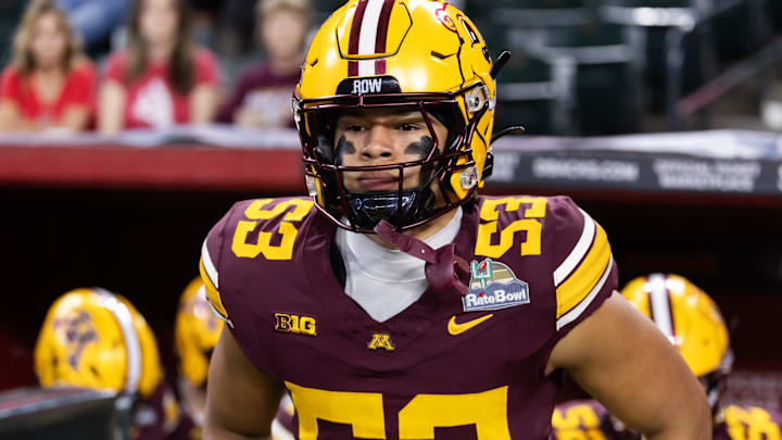 Dec 26, 2025; Phoenix, AZ, USA; Minnesota Golden Gophers linebacker Nate Cleveland (53) against the New Mexico Lobos during the Rate Bowl at Chase Field. Mandatory Credit: Mark J. Rebilas-Imagn Images