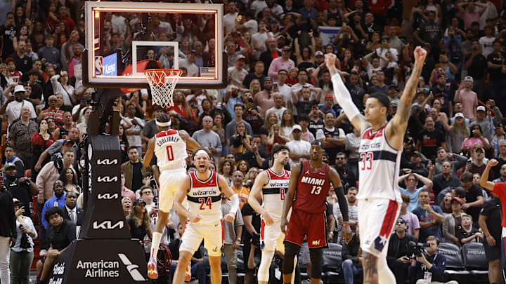 Mar 10, 2024; Miami, Florida, USA; Washington Wizards forward Corey Kispert (24) and forward Kyle