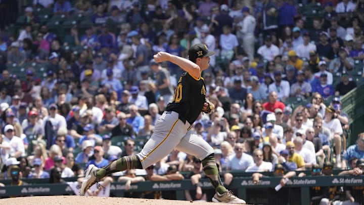 May 17, 2024; Chicago, Illinois, USA; Pittsburgh Pirates pitcher Paul Skenes (30) throws the ball against the Chicago Cubs during the first inning at Wrigley Field. Mandatory Credit: David Banks-Imagn Images