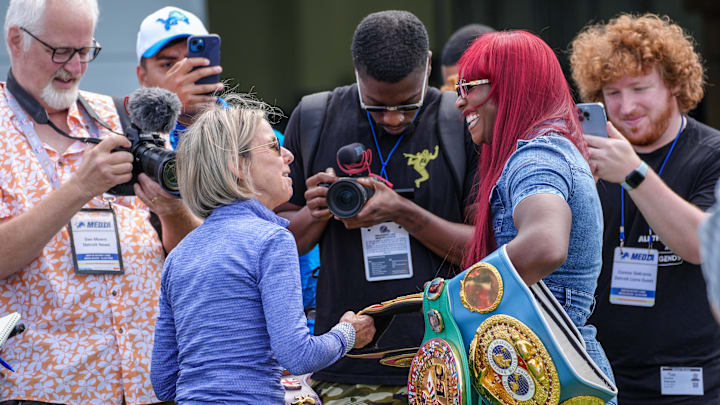 Detroit Lions Owner Sheila Ford Hamp and Professional Boxer Claressa Shields. Detroit Lions Owner Sheila Ford Hamp and Professional Boxer Claressa Shields.