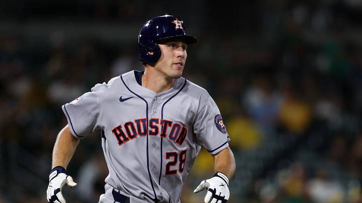 Sep 24, 2026; West Sacramento, California, USA;  Houston Astros center fielder Lucas Spence (28) hits a one run home run during the ninth inning at Sutter Health Park. The home run was his third of the game.  Mandatory Credit: Sergio Estrada-Imagn Images