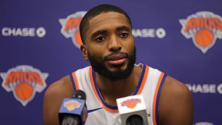 Sep 28, 2026; Tarrytown, NY, USA; New York Knicks guard Mikal Bridges (25) speaks during media day at the MSG training facility. Mandatory Credit: Brad Penner-Imagn Images