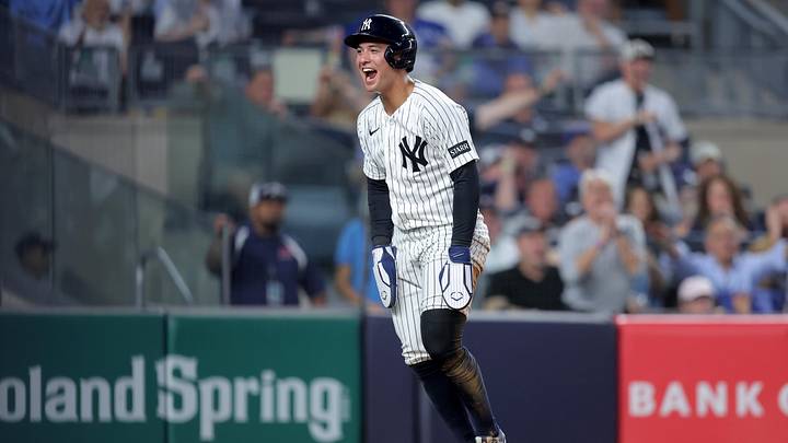 May 18, 2026; Bronx, New York, USA; New York Yankees shortstop Anthony Volpe (11) reacts after scoring a run against the Toronto Blue Jays on a sacrifice fly by Yankees catcher J.C. Escarra (not pictured) during the fourth inning at Yankee Stadium. Mandatory Credit: Brad Penner-Imagn Images