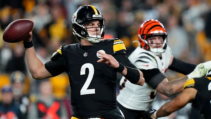 December 23, 2023; Pittsburgh, OH; Pittsburgh Steelers quarterback Mason Rudolph (2) throws in the third during the game between the Cincinnati Bengals and the Pittsburgh Steelers. Mandatory Credit: Kareem Elgazzar-USA TODAY NETWORK