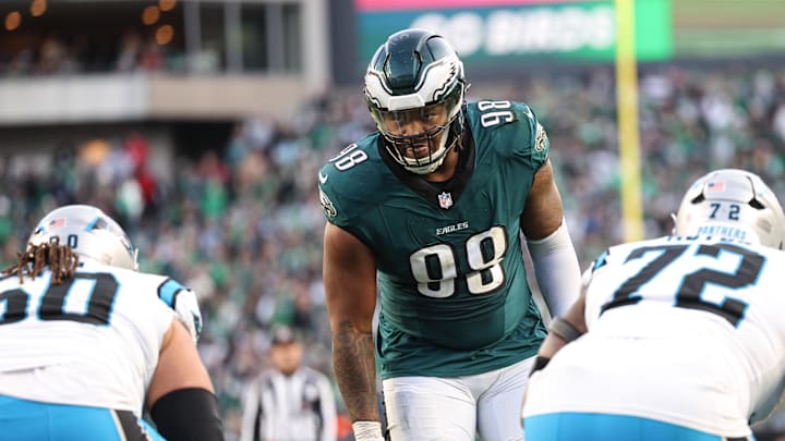 Dec 8, 2024; Philadelphia, Pennsylvania, USA;  Philadelphia Eagles defensive tackle Jalen Carter (98) lines up for a play against the Carolina Panthers at Lincoln Financial Field. Mandatory Credit: Bill Streicher-Imagn Images