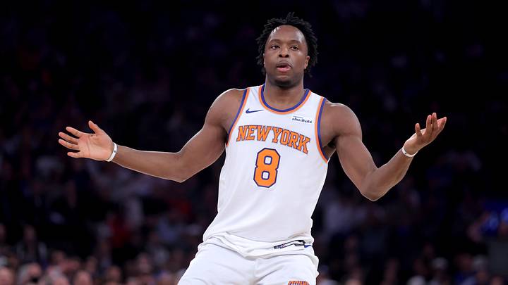 May 4, 2026; New York, New York, USA; New York Knicks forward OG Anunoby (8) reacts after a three point shot during the first quarter of game one of the eastern conference semifinal round of the 2026 NBA Playoffs against the Philadelphia 76ers at Madison Square Garden. 