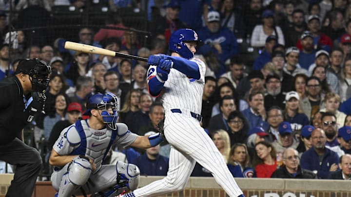 Chicago Cubs outfielder Pete Crow-Armstrong (4) hits an RBI single against the Los Angeles Dodgers during the fifth inning at Wrigley Field on April 23.