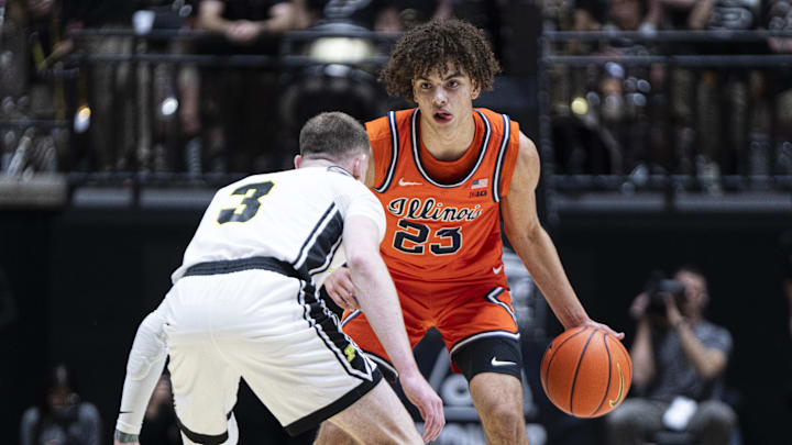 Jan 24, 2026; West Lafayette, Indiana, USA; Illinois Fighting Illini guard Keaton Wagler (23) looks to dribble around Purdue Boilermakers guard Braden Smith (3) during the first half at Mackey Arena. Mandatory Credit: Jacob Musselman-Imagn Images