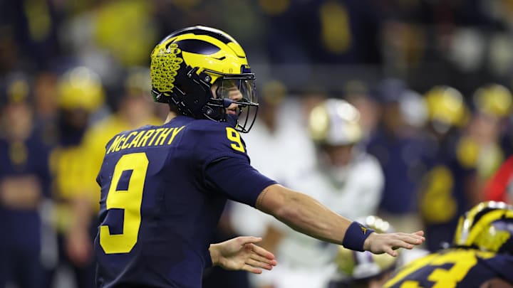 Jan 8, 2024; Houston, TX, USA; Michigan Wolverines quarterback J.J. McCarthy (9) gestures to
