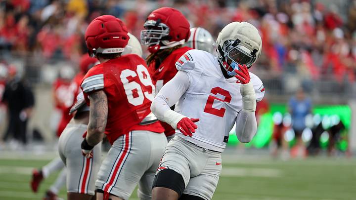 Apr 18, 2026; Columbus, OH, USA;  Ohio State defensive end Kenyatta Jackson Jr. (2) rushes the passer during the annual spring game at Ohio Stadium. Mandatory Credit: Joseph Maiorana-Imagn Images