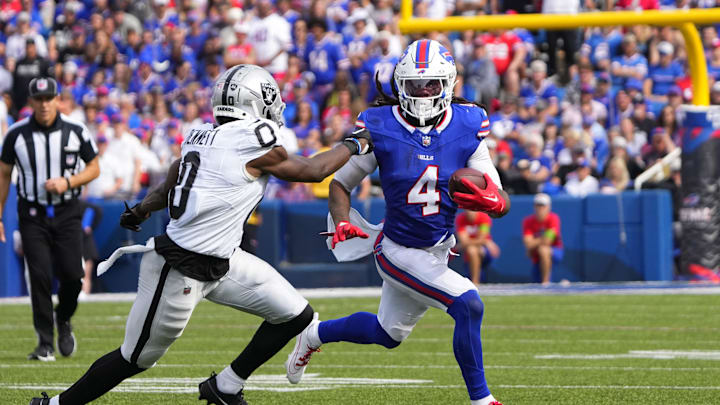 Sep 17, 2023; Orchard Park, New York, USA; Buffalo Bills running back James Cook (4) runs with the