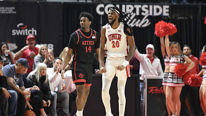 Mar 5, 2024; Las Vegas, Nevada, USA; UNLV Rebels forward Keylan Boone (20) reacts to a play against the San Diego State Aztecs in the first half at Thomas & Mack Center. Mandatory Credit: Candice Ward-USA TODAY Sports