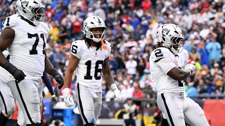 Sep 7, 2025; Foxborough, Massachusetts, USA; Las Vegas Raiders running back Ashton Jeanty (2) reacts after rushing for a touchdown against the New England Patriots during the second half at Gillette Stadium. Mandatory Credit: Brian Fluharty-Imagn Images