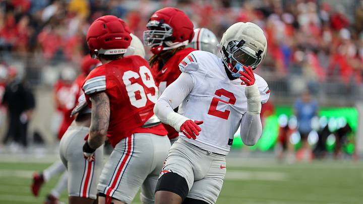 Apr 18, 2026; Columbus, OH, USA; Ohio State defensive end Kenyatta Jackson Jr. (2) rushes the passer during the annual spring game at Ohio Stadium. Mandatory Credit: Joseph Maiorana-Imagn Images Apr 18, 2026; Columbus, OH, USA; Ohio State defensive end Kenyatta Jackson Jr. (2) rushes the passer during the annual spring game at Ohio Stadium. Mandatory Credit: Joseph Maiorana-Imagn Images