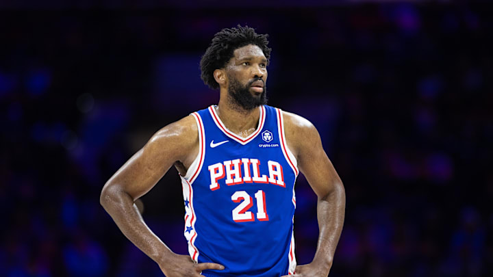 Feb 20, 2025; Philadelphia, Pennsylvania, USA; Philadelphia 76ers center Joel Embiid (21) looks on during the third quarter against the Boston Celtics at Wells Fargo Center. Mandatory Credit: Bill Streicher-Imagn Images