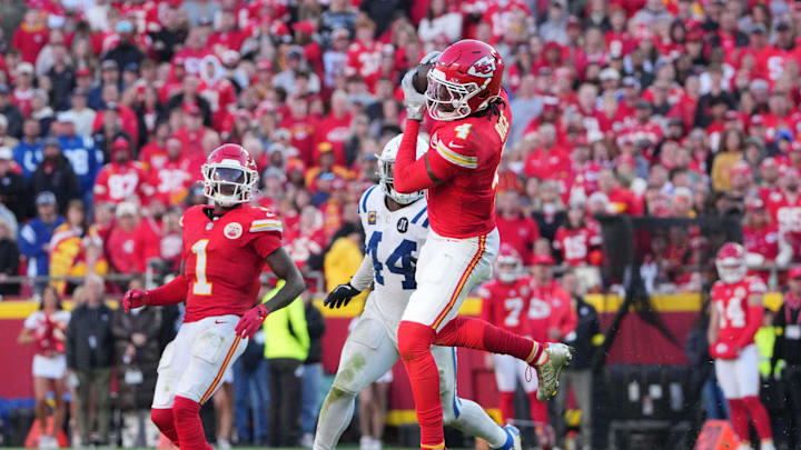 Nov 23, 2025; Kansas City, Missouri, USA; Kansas City Chiefs wide receiver Rashee Rice (4) makes a catch against the Indianapolis Colts in overtime at GEHA Field at Arrowhead Stadium. Mandatory Credit: Denny Medley-Imagn Images Nov 23, 2025; Kansas City, Missouri, USA; Kansas City Chiefs wide receiver Rashee Rice (4) makes a catch against the Indianapolis Colts in overtime at GEHA Field at Arrowhead Stadium. Mandatory Credit: Denny Medley-Imagn Images