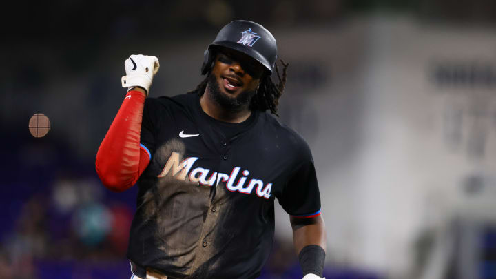 Jun 21, 2024; Miami, Florida, USA; Miami Marlins designated hitter Josh Bell (9) circles the bases after hitting a home run against the Seattle Mariners during the sixth inning at loanDepot Park. 