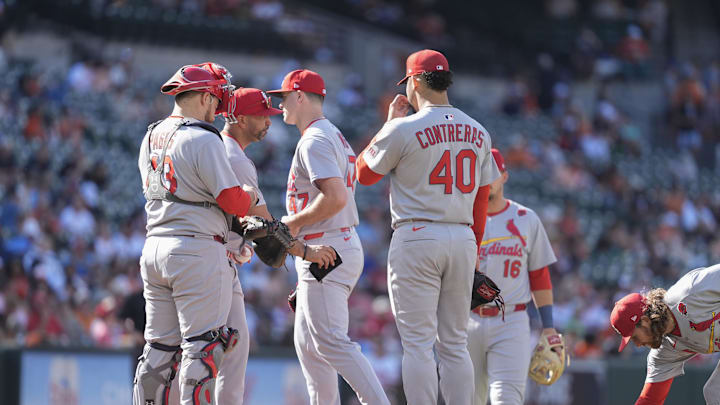 May 26, 2025; Baltimore, Maryland, USA; St. Louis Cardinals manager Oliver Marmol (37) makes a pitching change during the eighth inning against the Baltimore Orioles at Oriole Park at Camden Yards. Mandatory Credit: Gregory Fisher-Imagn Images