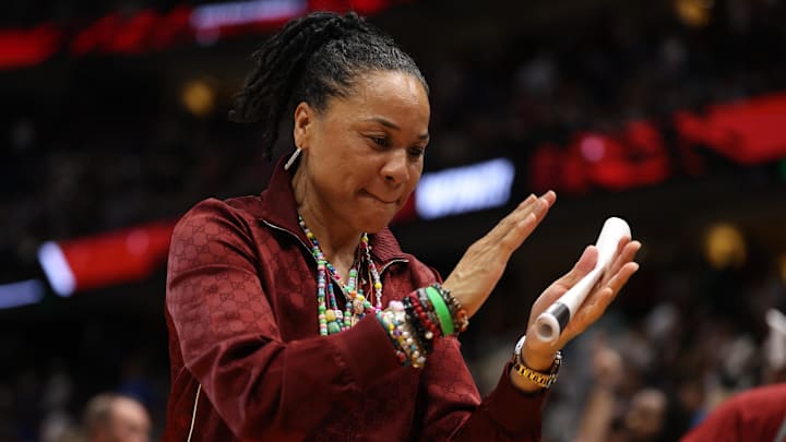Apr 4, 2025; Tampa, FL, USA;  South Carolina Gamecocks head coach Dawn Staley reacts after defeating the Texas Longhorns during the semifinal of the women's 2025 NCAA tournament at Amalie Arena. Mandatory Credit: Nathan Ray Seebeck-Imagn Images