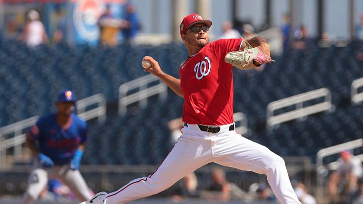 Mar 5, 2026; West Palm Beach, Florida, USA; Washington Nationals pitcher Luis Perales (43) delivers a pitch against the New York Mets during the fourth inning at CACTI Park of the Palm Beaches. Mandatory Credit: Sam Navarro-Imagn Images