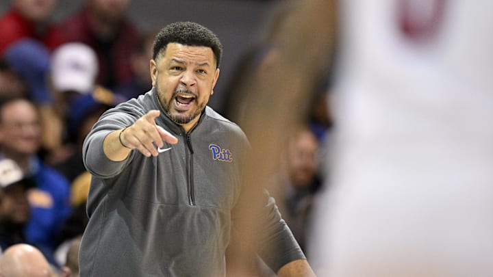 Feb 11, 2025; Dallas, Texas, USA; Pittsburgh Panthers head coach Jeff Capel yells to his team during the first half against the Southern Methodist Mustangs at Moody Coliseum. Mandatory Credit: Jerome Miron-Imagn Images Feb 11, 2025; Dallas, Texas, USA; Pittsburgh Panthers head coach Jeff Capel yells to his team during the first half against the Southern Methodist Mustangs at Moody Coliseum. Mandatory Credit: Jerome Miron-Imagn Images